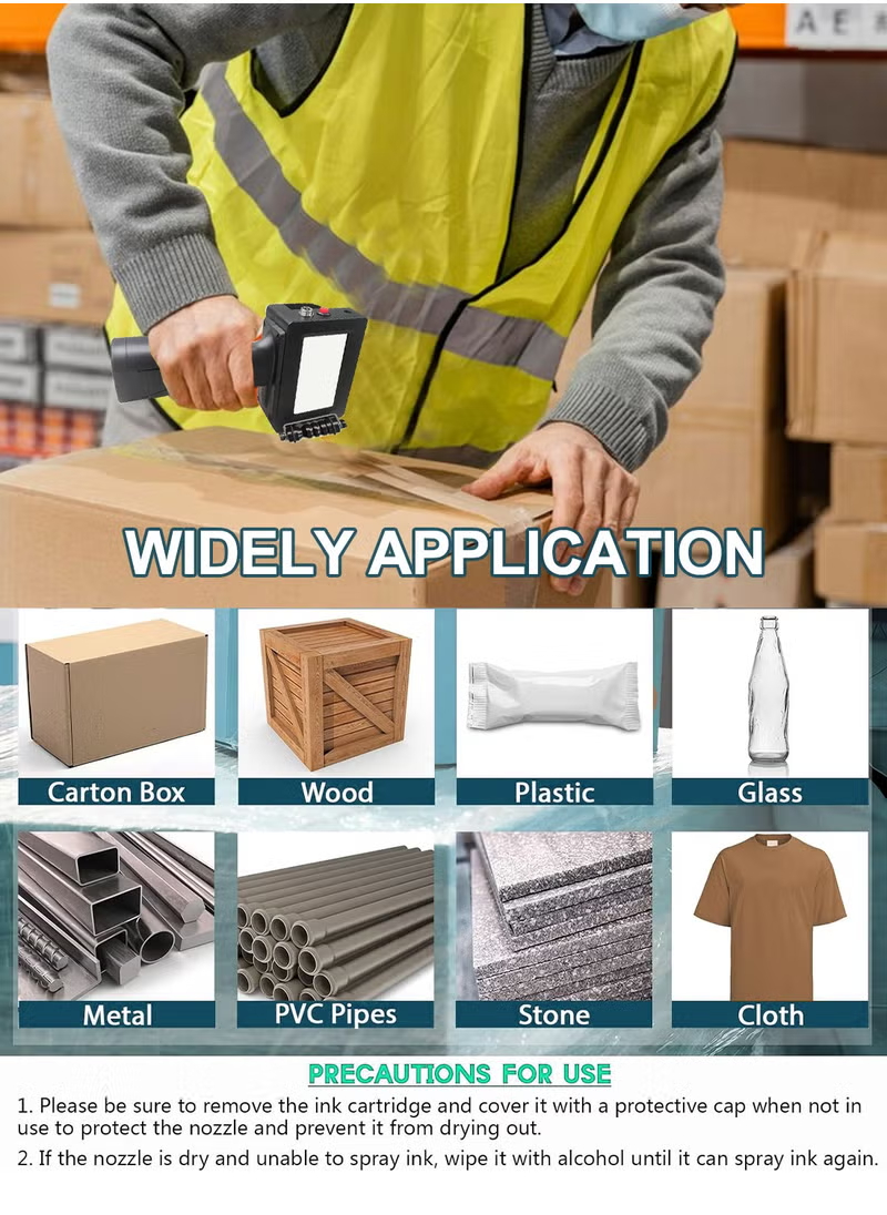 طابعة نفث الحبر المحمولة لطباعة تواريخ انتهاء الصلاحية وأرقام الدفعات ورموز الاستجابة السريعة والرموز الشريطية والشعارات على الكراتين والخشب والقماش والبلاستيك والمعادن